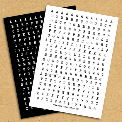 Typewriter Alphabet junk journaling stickers in black and white