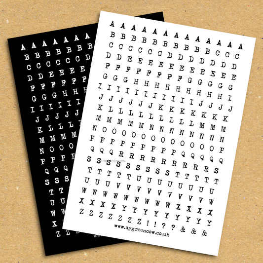 Typewriter Alphabet junk journaling stickers in black and white