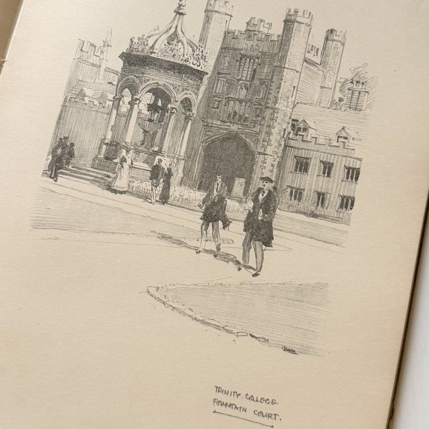 Vintage illustration of a university scene with students and a building.