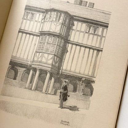 Vintage illustration of a man standing in front of a half-timbered building on an open book.