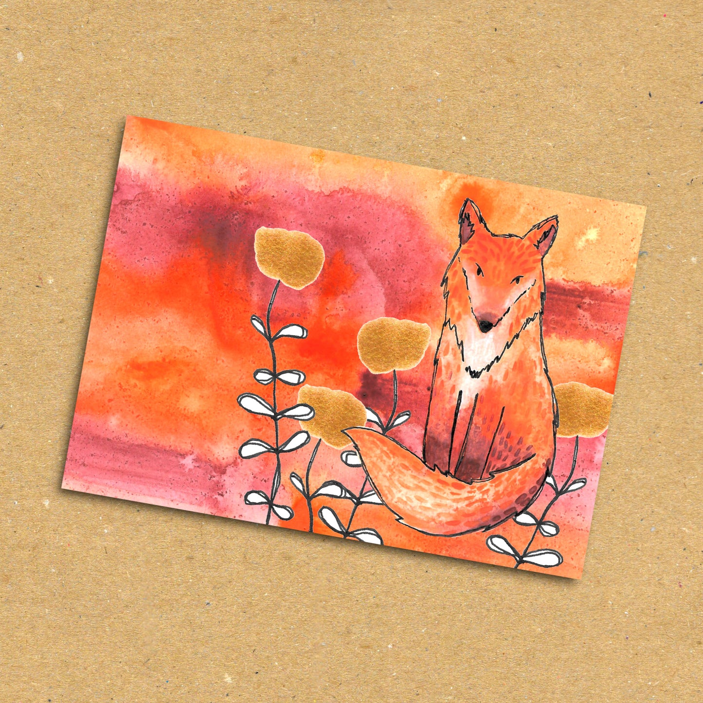 Pink Autumnal Fox Postcard x5 Pack