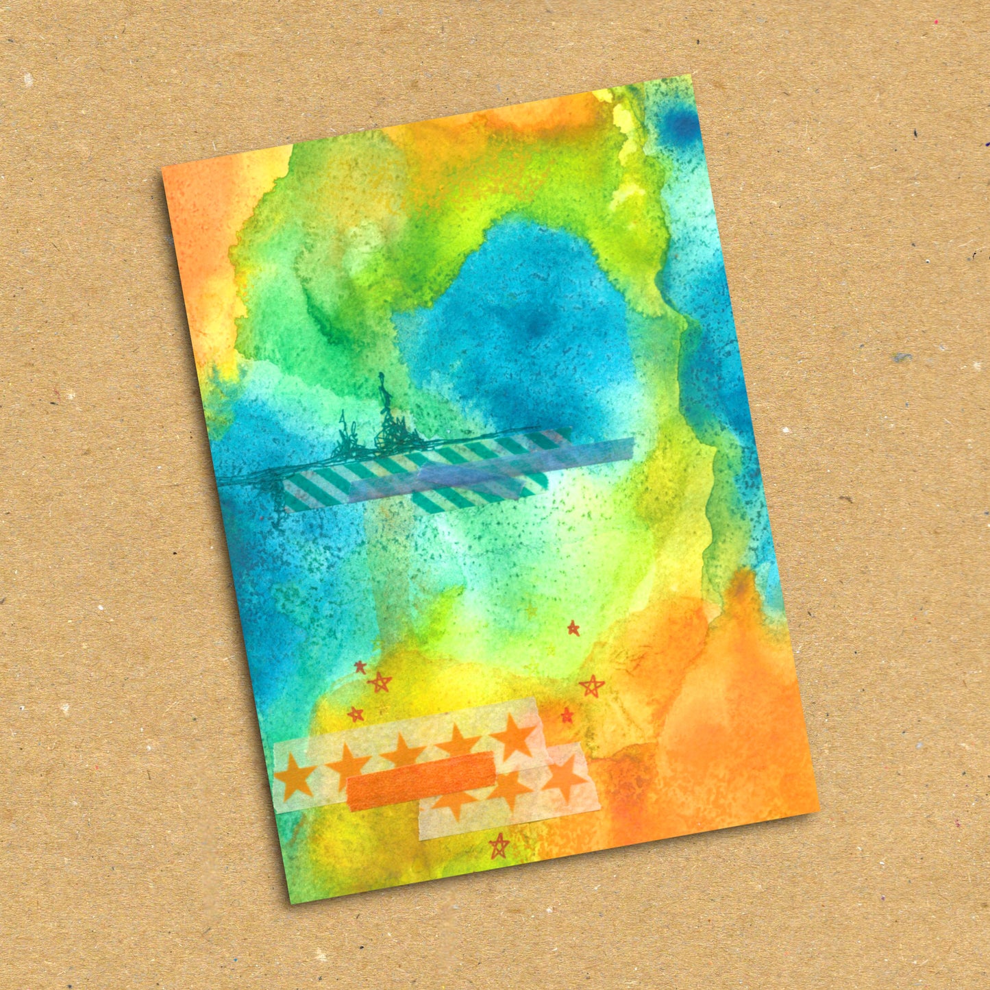 Orange & Turquoise Abstract Watercolour Postcard x5 Pack